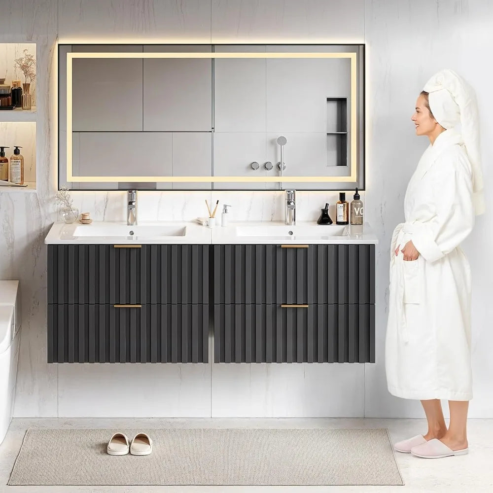 24 Inch Bathroom Vanity with Sink Combo, Floating Bathroom Vanity with 2 Fluted Drawers & Metal Handle,Modern Wall Mount Storage