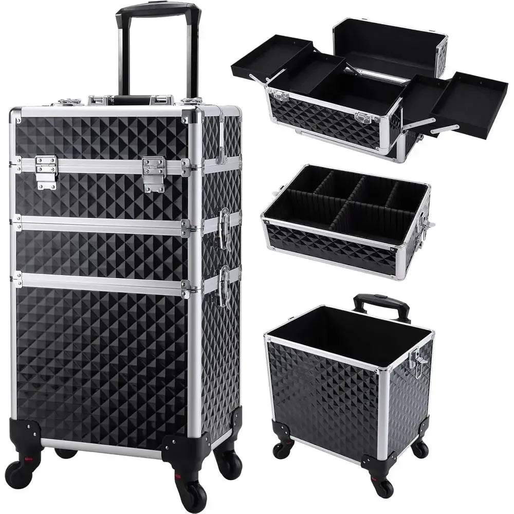 Professional 3-in-1 Rolling Makeup Case with Large Storage, Swivel Wheels, and Locks for Beauty Professionals, Vintage Black