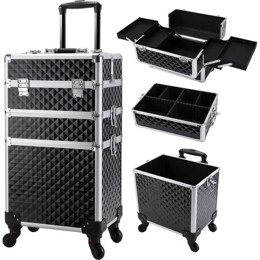 Professional 3-in-1 Rolling Makeup Case with Large Storage, Swivel Wheels, and Locks for Beauty Professionals, Vintage Black