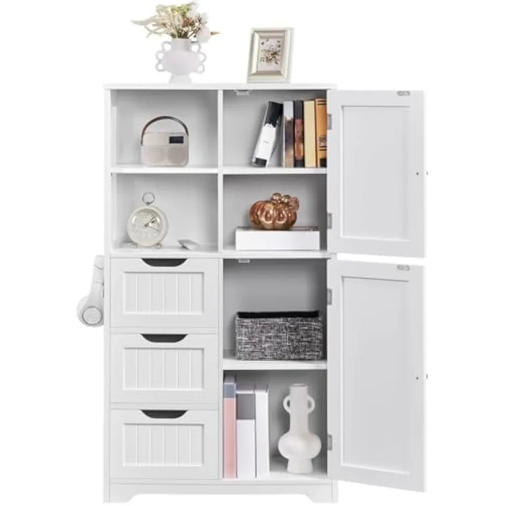 Bathroom Floor Cabinet 42″, Freestanding Storage Cabinet with 3 Drawers, 2 Open Shelves and 2 Doors, Wooden Storage Organizer w
