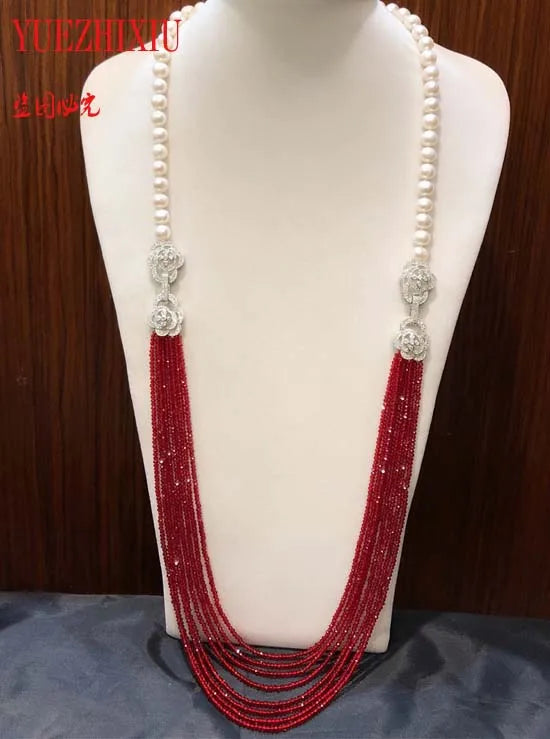 NEW hot sell 8-9mm Potato shape white freshwater pearl necklace multilayer long sweater chain fashion jewelry 30inches