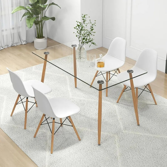 Giantex Dining Table Set for 4, Rectangular Glass Dining Table & 4 White DSW Chairs, 5-Piece Modern Dinette Set for Breakfast No