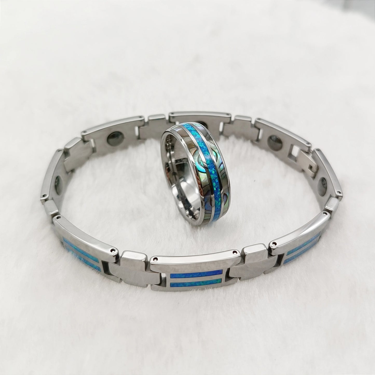 Natural Blue Opal Fashion Jewelry Beautiful Wedding Bands Finger Rings For Men And Women Tungsten Carbide Bracelets Jewelry Sets