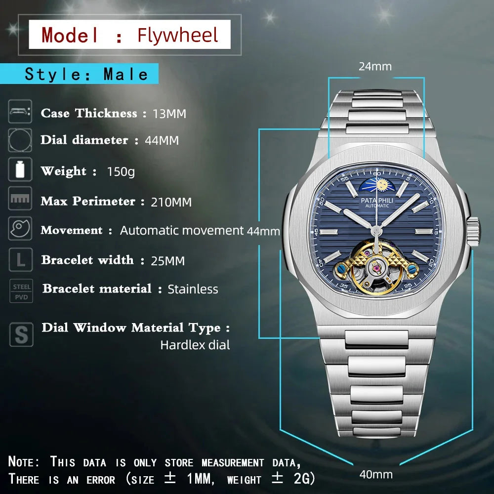 2025 New Men's Watches Luxury Automatic Watch For Men Mechanical 40MM WristWatch Moon Phase Skeleton Stainless Steel Hardlex