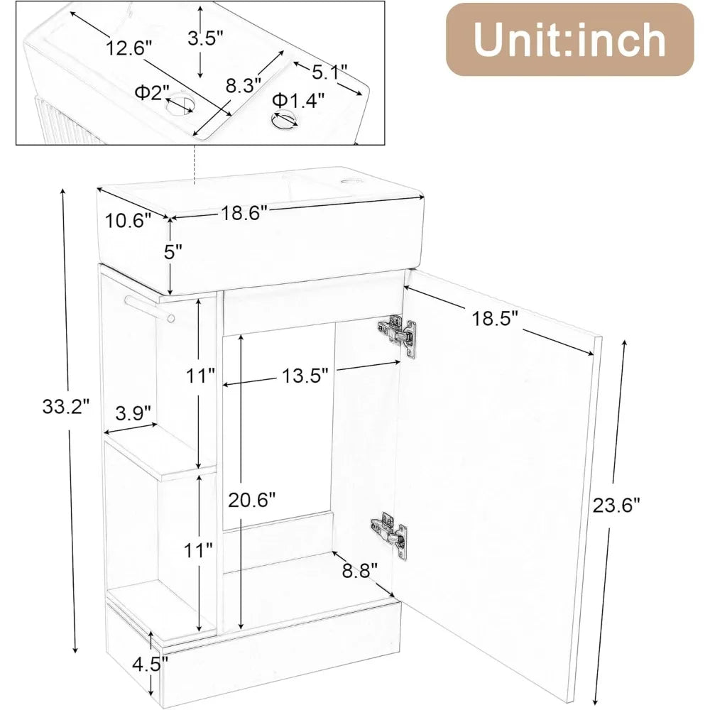 18.6" Bathroom Vanity with Ceramic Sink, Freestanding Cabinets with Open Shelf and Toilet Paper Holder, Left or Right Door Orien