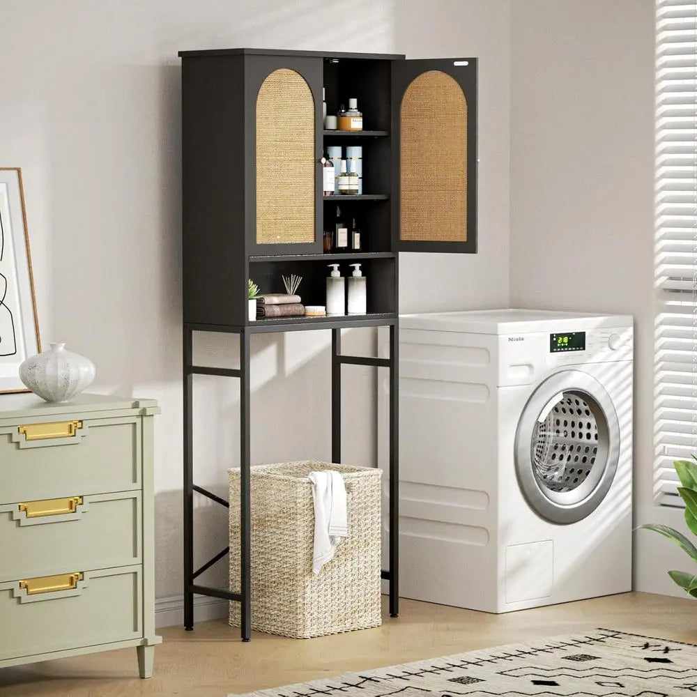 Black Rattan Wood Over-the-Rack Bathroom Storage Cabinet with Adjustable Shelf and Metal Stand