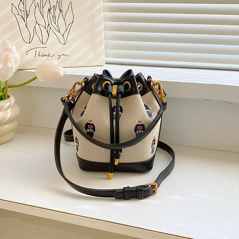 Women's Small Bucket Bag | Collision-color Design, Bear Embroidery Accents, Premium Faux Leather, Simple Casual Style, Versatile
