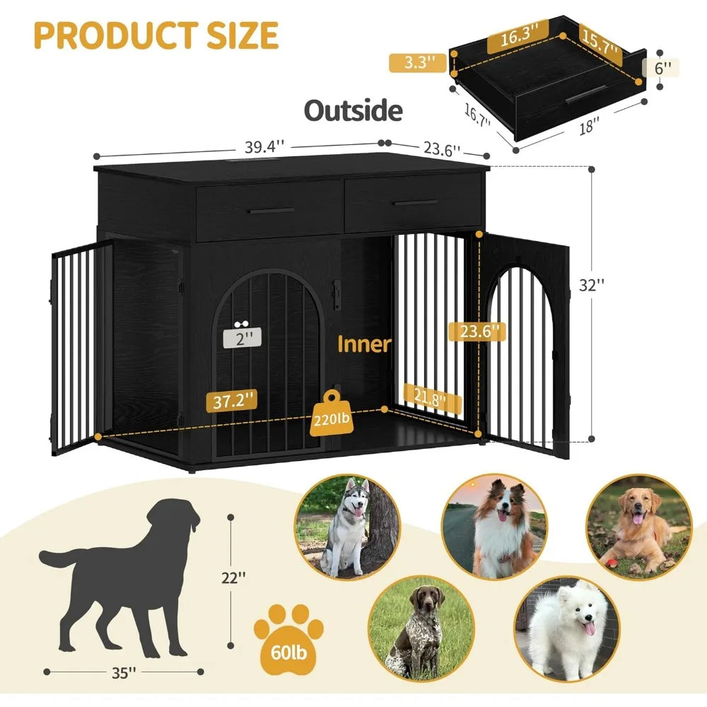 39.4'' large dog crate furniture with 2 storage drawers, heavy duty dog kennel indoor with charging station, wooden dog cage end