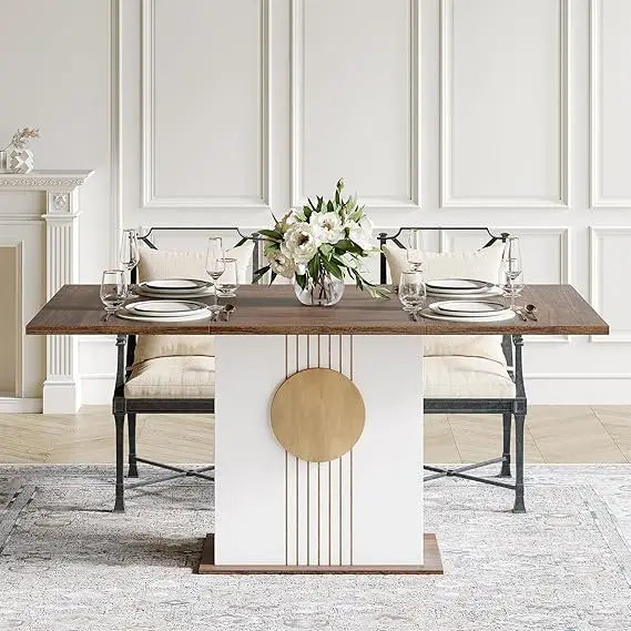 Modern Rectangular Dining Table for 6, Wooden Kitchen Furniture with Sturdy Base, Contemporary Dining Set