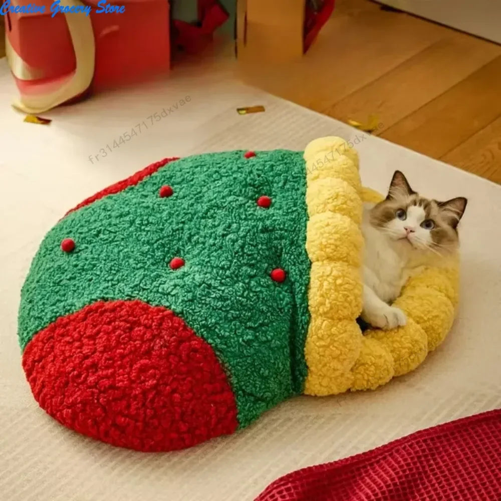 Christmas Cat Nest Thickened Pet Puppy Mats for Christmas Christmas Eve Cat Dog Socks Nest  Pet Furniture Semi Closed Cat House