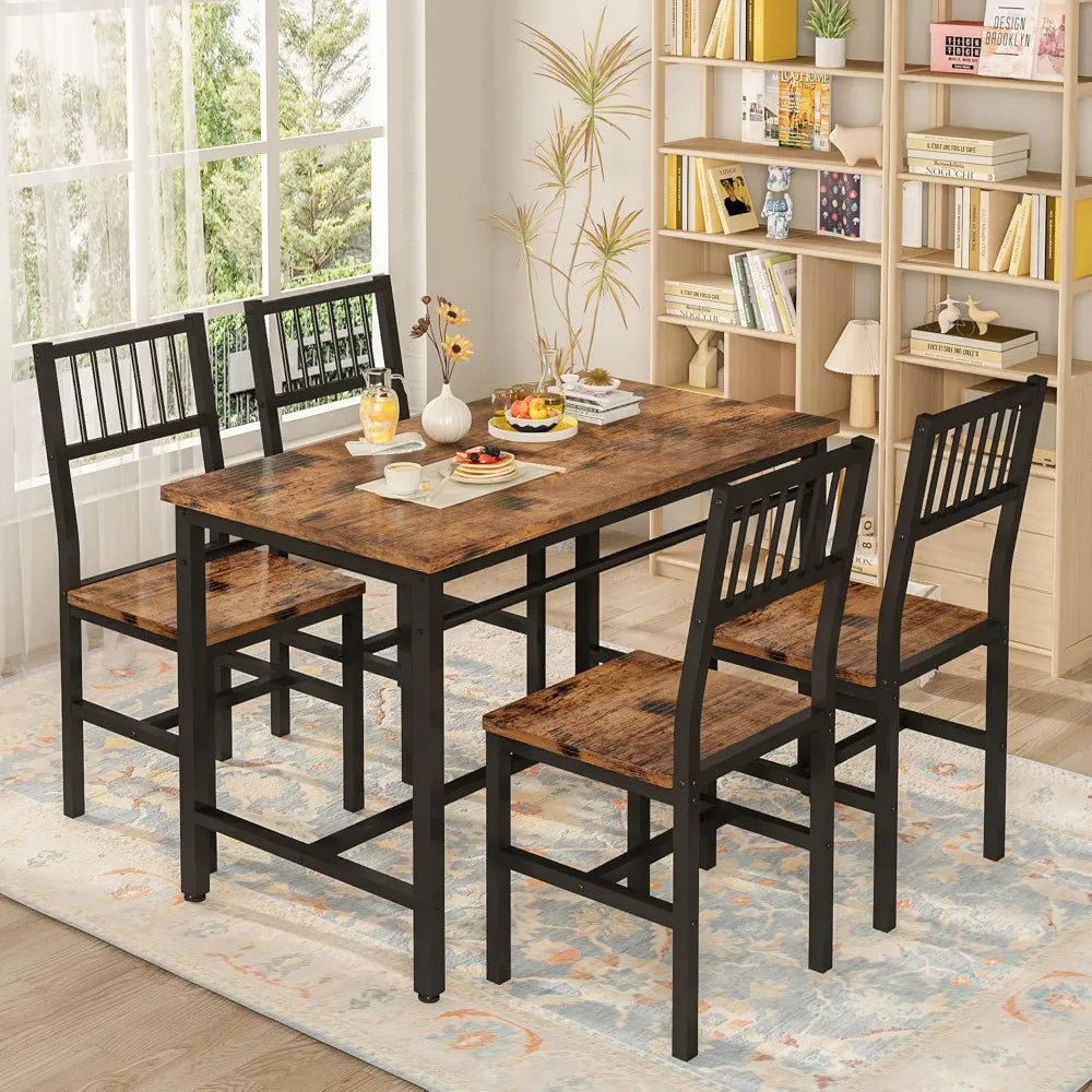 47.2 Inch Dining Table Set for 4,Industrial Table with 4 Curved Chairs Set,5-Piece Rectangular Kitchen Table Set for Dining
