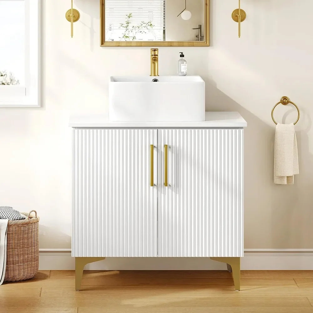 30 Inch Bathroom cabinet & Sink, Freestanding Storage Cabinet w/Engineered Stone Countertop, 2 Large Soft Closing Doors w/Shelf