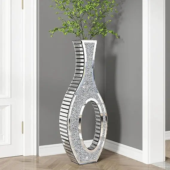 Floor Vase Crushed Diamond Mirrored Vase 30” Tall, Large Silver Tall Vases for Floor Crystal Hollow Decorative Glass Vase