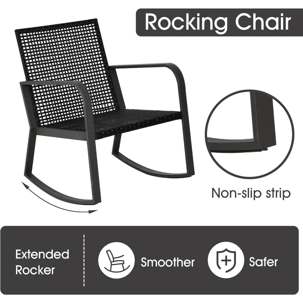 Bistro 3 Piece Patio Furniture Set, Patio Table and Rattan Outdoor Rocking Chairs Set of 2, Outdoor Bistro Conversation Set