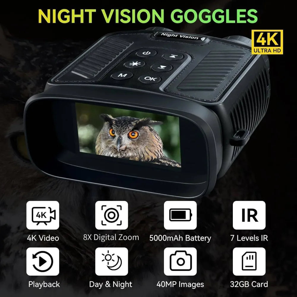 Night Vision Goggles 4K HD Binoculars with 8X Digital Zoom 7 Levels IR 3 Inch Screen Built in Camera 32GB Card for Hunting