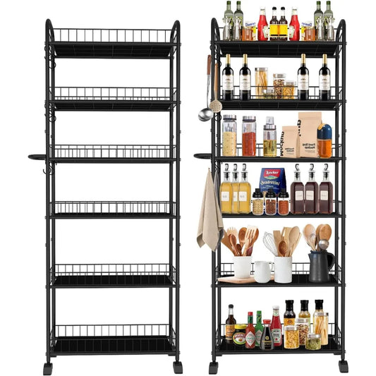 6-Tier Slim Rolling Cart with Handle – Wire Rack w/ Baskets for Kitchen Bathroom Laundry Office, Narrow