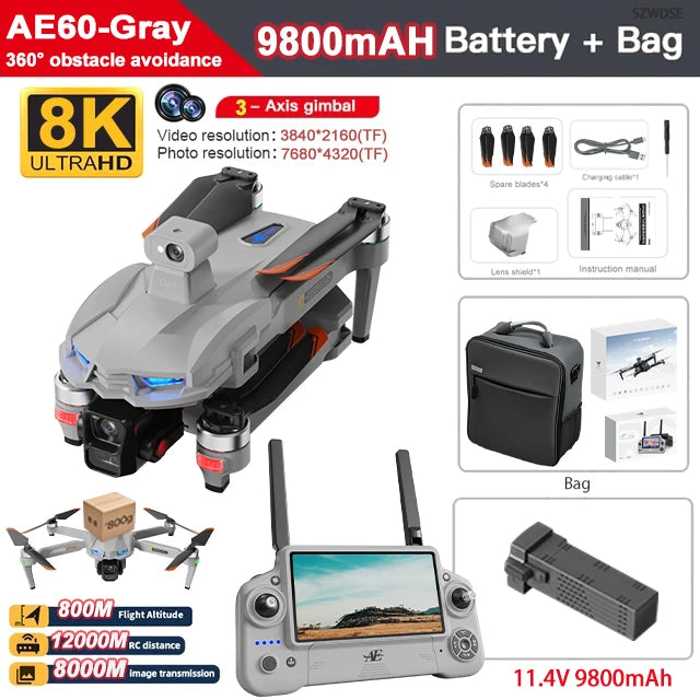 AE60 Ultra Professional GPS Drone with 8K HD Camera, 3-Axis Gimbal, Aerial Photography, Obstacle Avoidance, FPV, Airdrop, Fishin