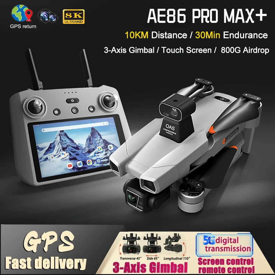 AE86 Max GPS Drone Professional 8K HD Camera 3-axis Gimbal aerial photography Obstacle Avoidance Airdrop Screen Control FPV Dron