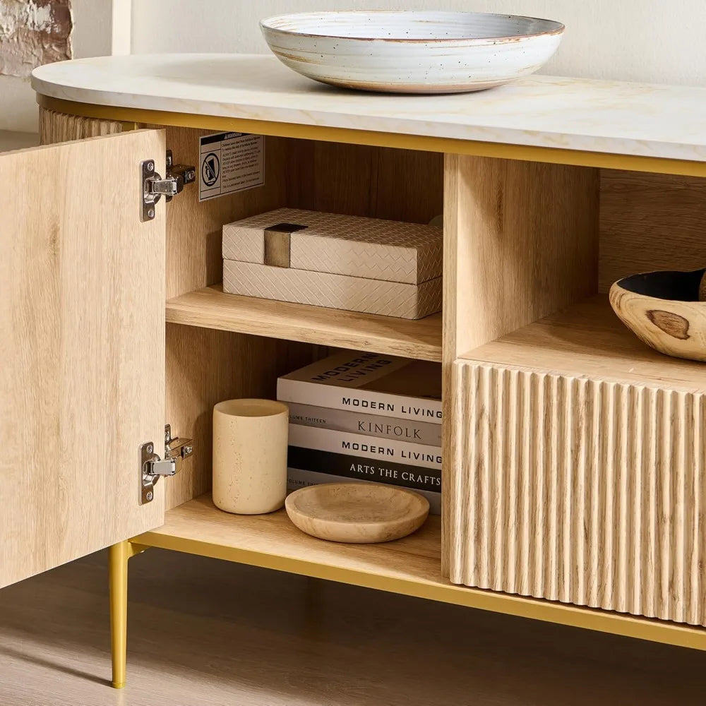 okd luxury 70" fluted tv stand, modern chic entertainment center for tvs up to 80 inches, tv console with faux marble top, curve