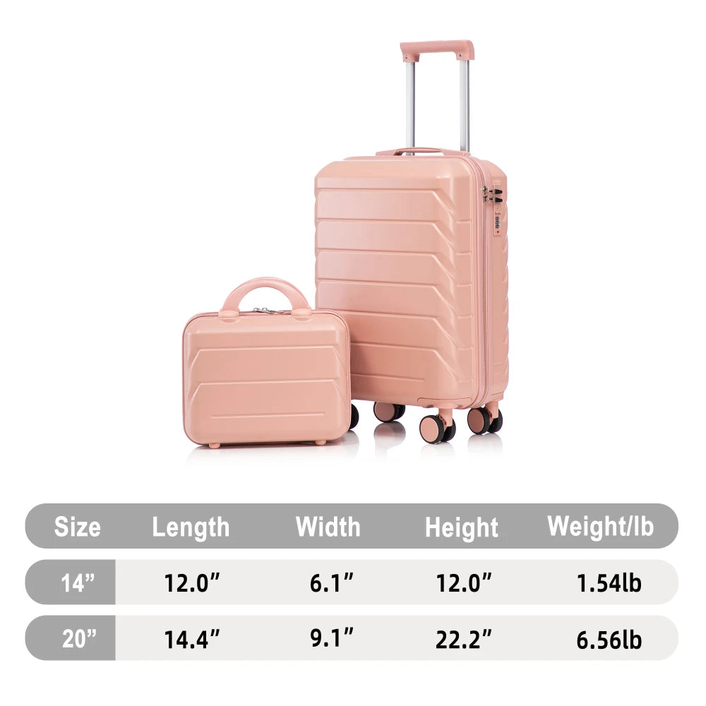 14"/20" 2 pcs/set in ABS Spinner Wheel Luggage, with Combination Lock,14" Cosmetic Case (Pink)