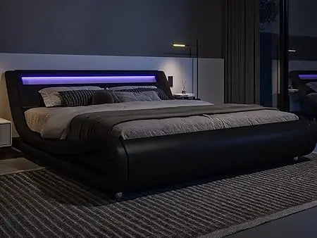Full Size LED Platform Bed Frame with Adjustable Headboard, No Box Spring Required, Easy Assembly, Faux Leather in Black