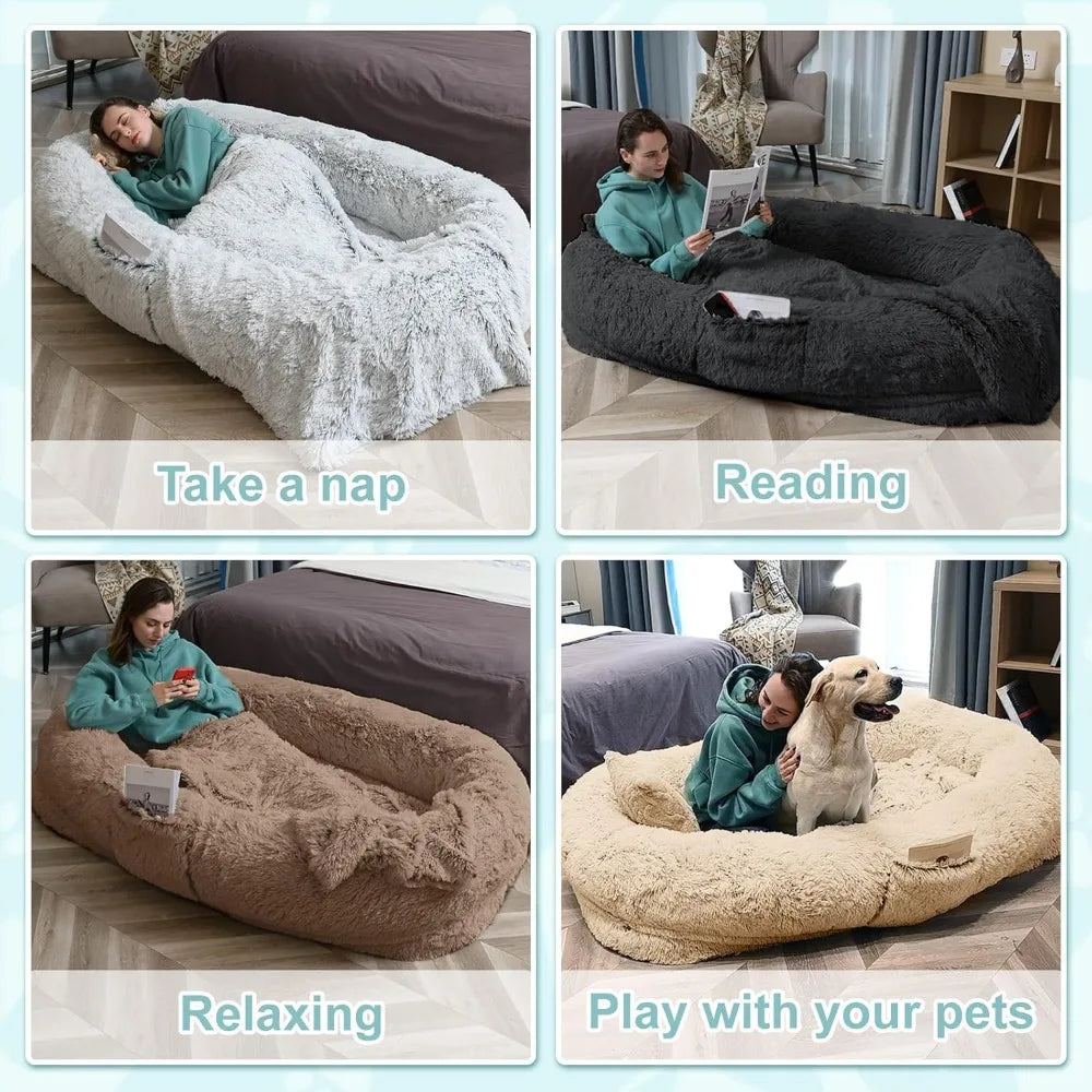 Human Dog Bed Fits You and Pets for People Doze Off, Washable Faux Fur Napping Orthopedic Dog Bed, Present Plump Pillow