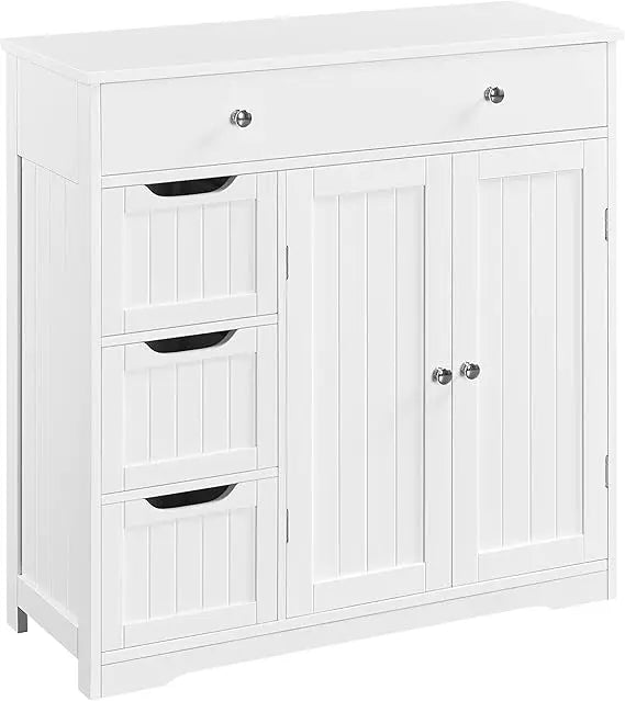 large wooden bathroom floor cabinet with ample storage: featuring 1 large drawer, 3 small drawers, and 2 doors for organization