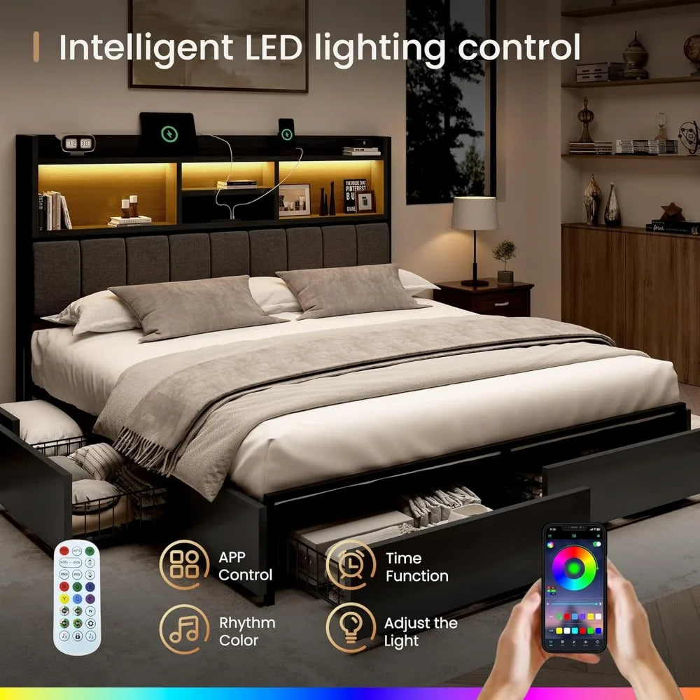 Queen Bed Frame with 6 Storage Drawers, Linen Upholstered Headboard, Built-in USB Charging Station & LED Lighting, Silent Metal