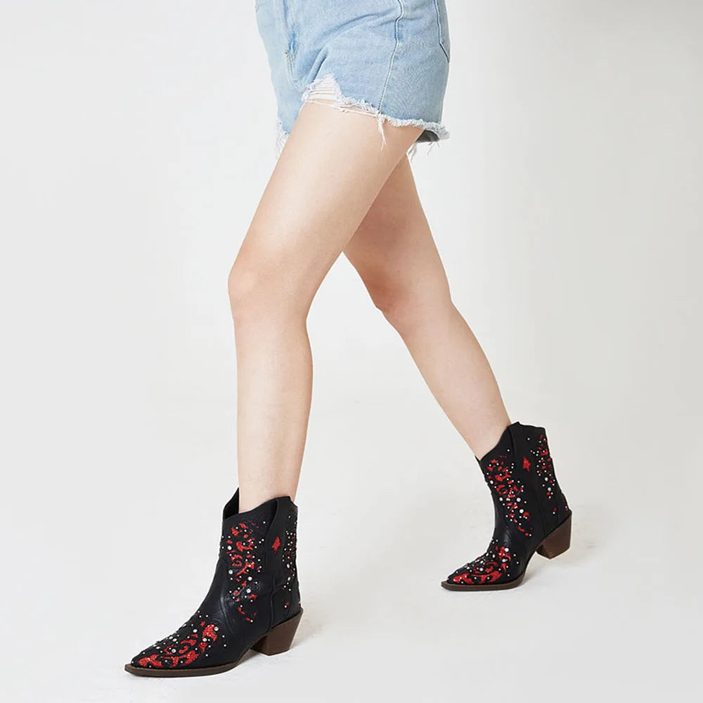 DoraTasia Embroidered Pointed Toe Women Ankle Boots Chunky High Heel Slip-On Crystals Western Boot For Woman Fashion Retro Shoes