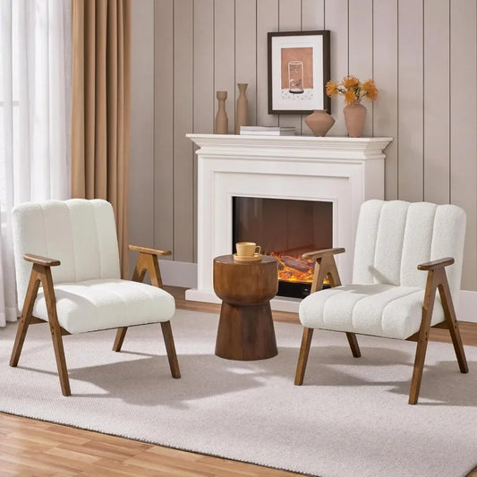 Boucle Fabric Mid Century Accent Chair Set of 2, Modern Upholstered Living Room Chairs with Solid Wood Legs
