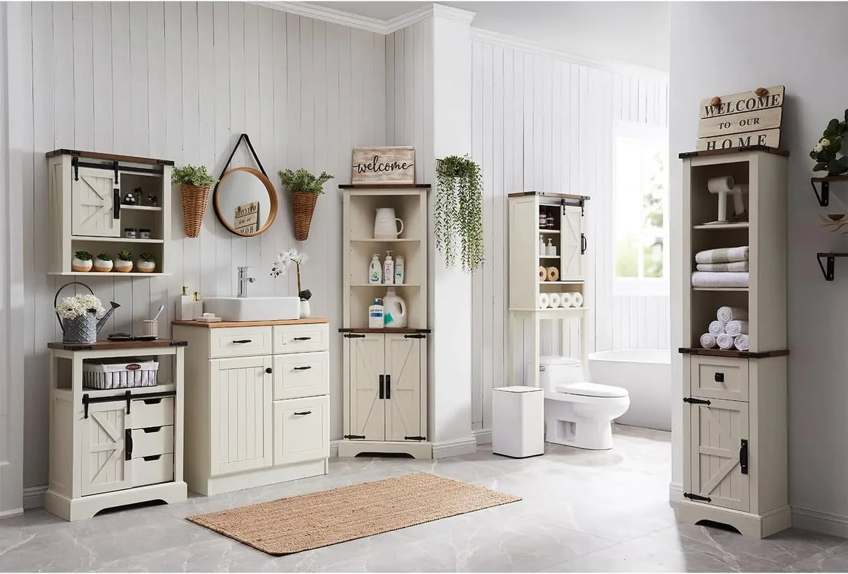 Bathroom Floor Cabinet, Farmhouse Cabinet with Sliding Barn Door & Storage Drawers, Small Storage Cabinet for Bathroom, Kitchen,