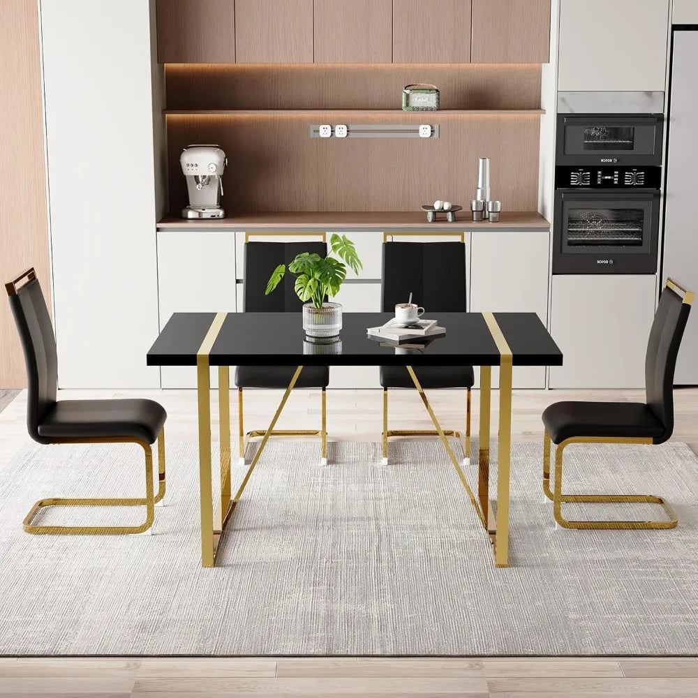 Gold 55 Dining Table Set for 4 with Black Leatherette Chairs and Black Wood Top