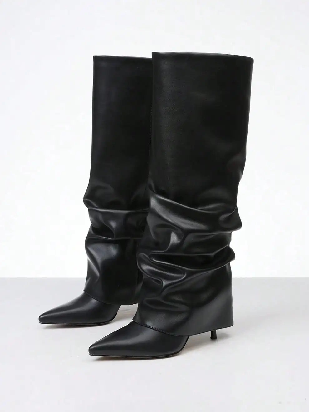 Stylish Women's Slouchy Knee High Boots Stilettos Thin High Heels Ruched Wide Calf Shark Fold Over Boots Women Dress Shoes