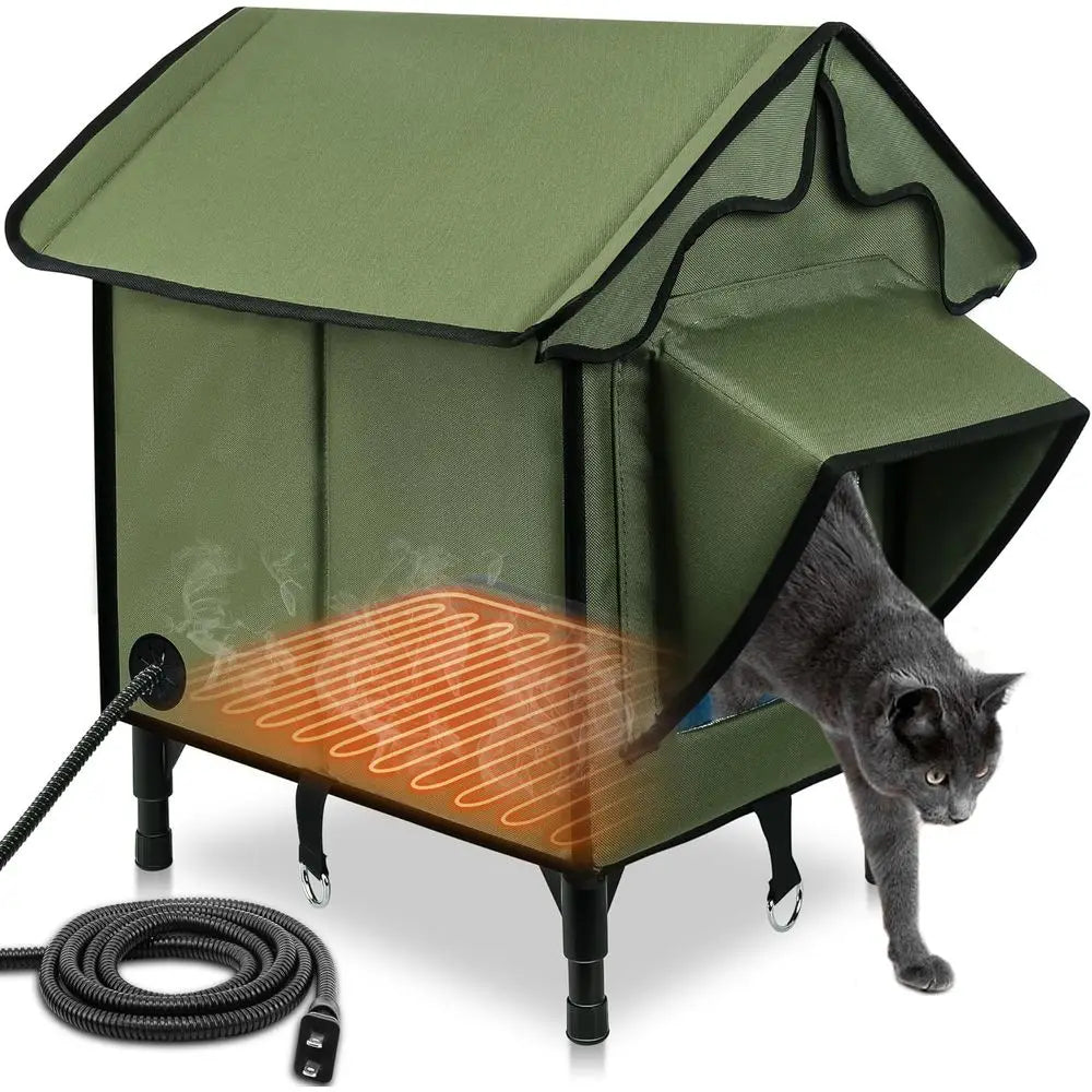 Insulated Outdoor Cat House with Heated Pad, Waterproof Shelter for Indoor/Outdoor Cats, Green Elevated Feral Cat Bed, 21x19.4x1