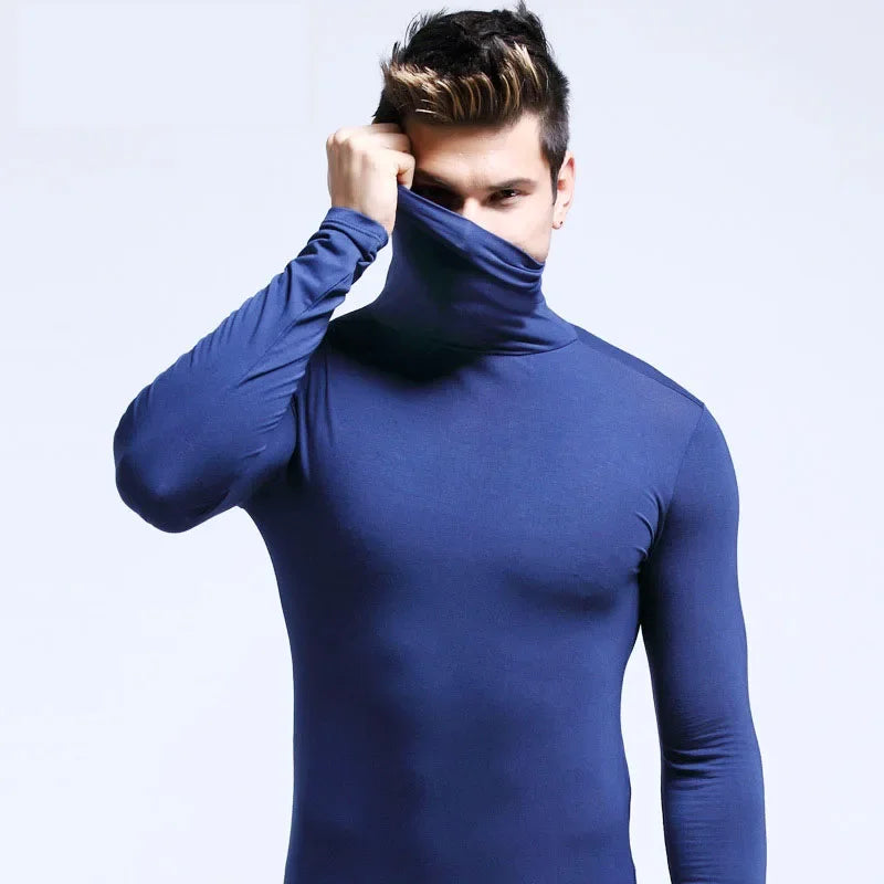 Spring New Men's Turtleneck T-shirt Long Sleeve Slim Fit Solid Color High Elastic Bottoming Pullovers Basic Style Male Tops