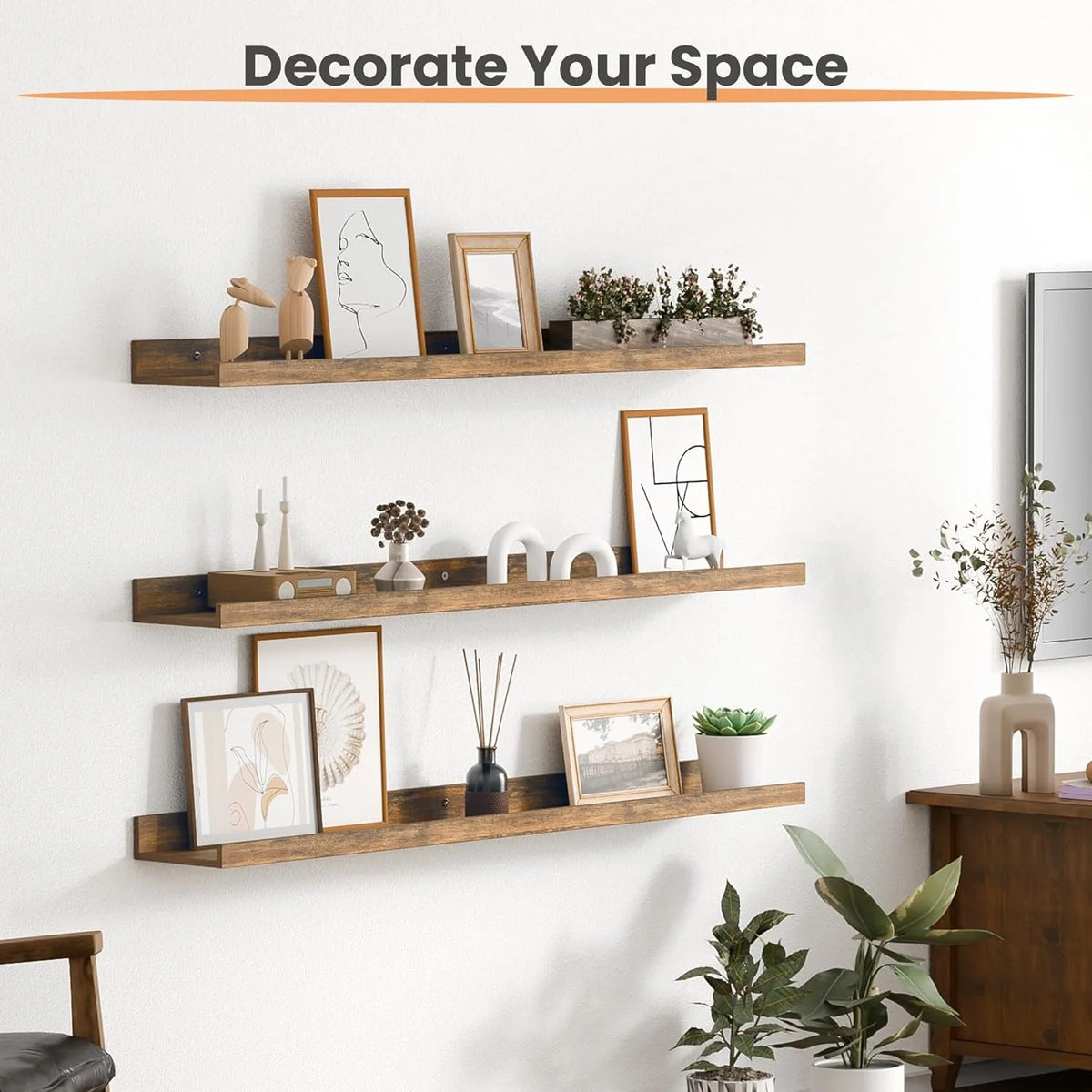 Floating Shelves for Wall, Wood Mounted Shelf Decor Storage Set of 6, for Living Room, 35.5 inch Long Picture Ledge, Brown