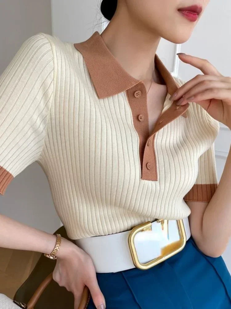 Women Clothing Temperament Elegant Knitted Contrast Tops Summer Fashion Commute POLO Short Sleeve Chic Button Slim T-shirt