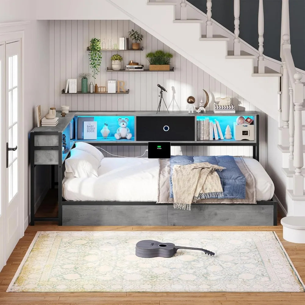 Twin Corner Bed Frame with Storage Drawers, Bookcase Headboard, Charging Station & LED Lights for Kids Teens