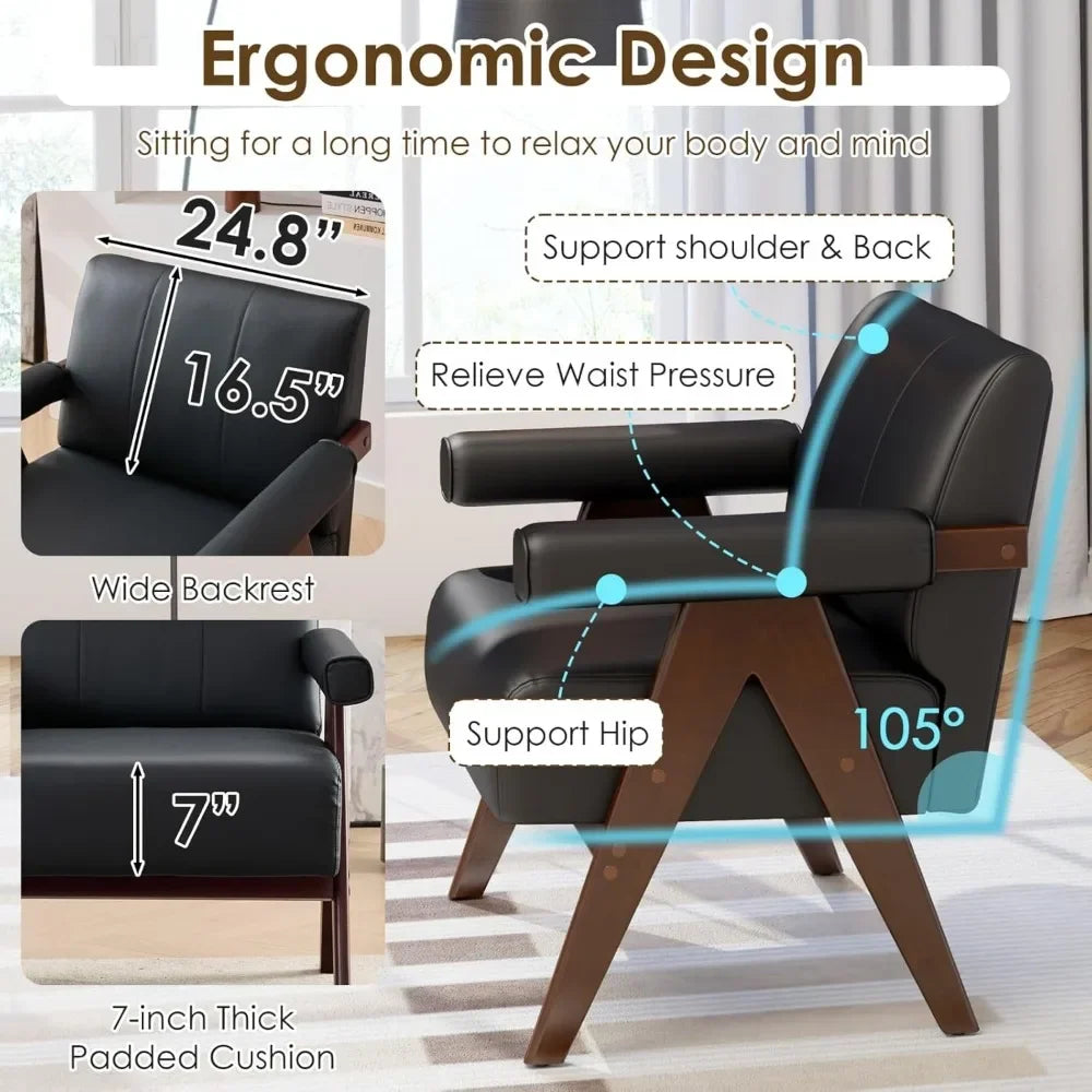 black leather accent chairs set of 2, mid century modern accent chair, side arm chairs for living room, office guest waiting ro