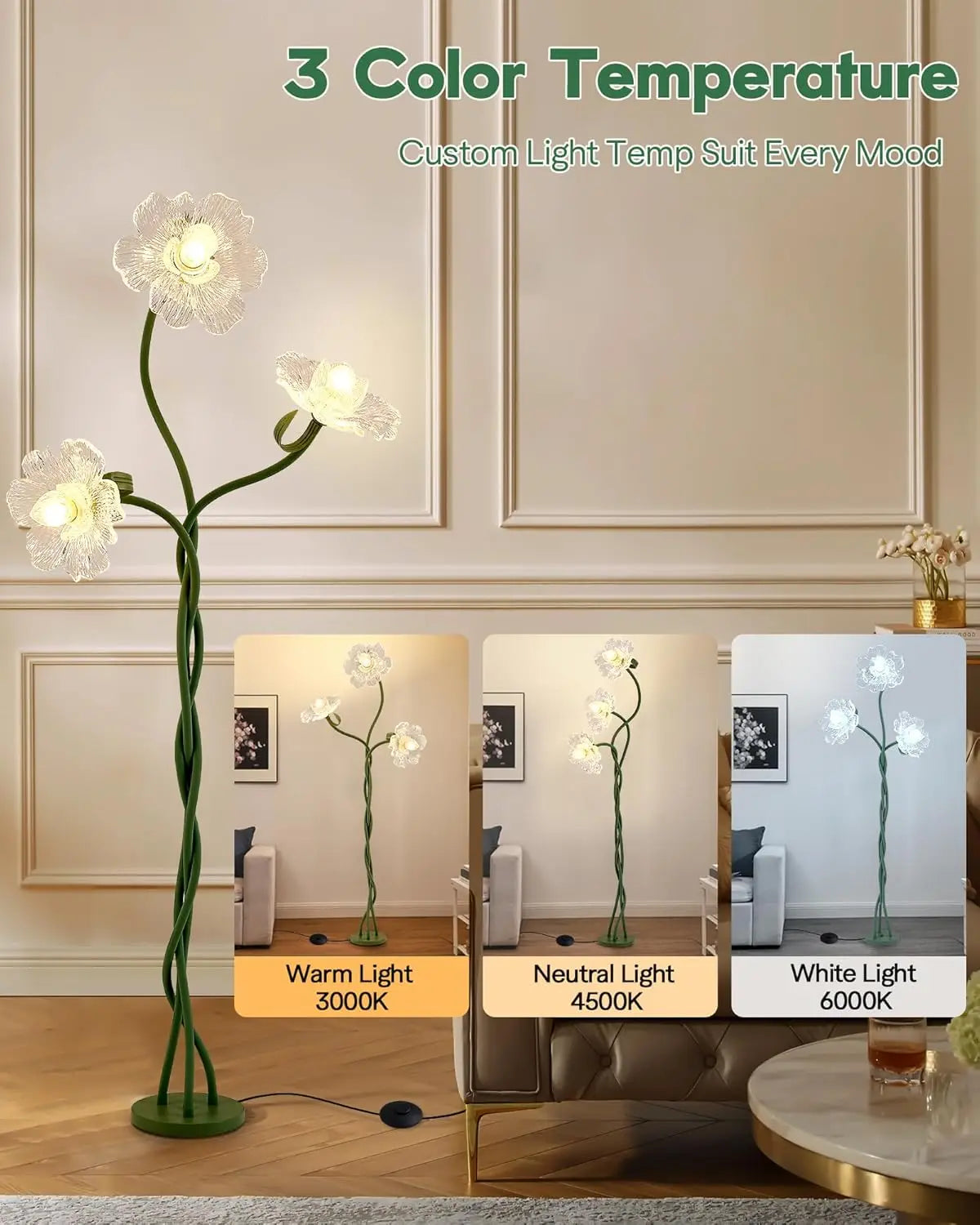 Flower Floor Lamp with Adjustable Gooseneck, 3-Color Temperature Standing Lamp for Living Room, Bedroom – Green