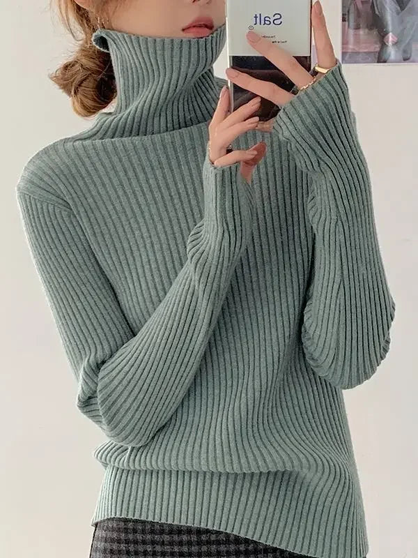 Autumn Winter Warm Thick Women Sweater Pullover Basic Korea Ribbed Sweaters Cotton Tops Knitted Solid Turtleneck with Thumb Hole