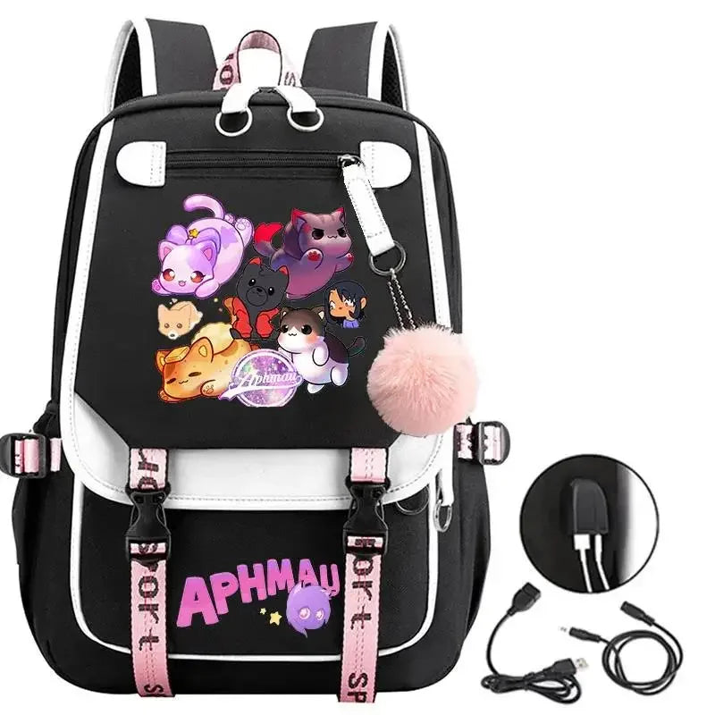 Aphmau print backpacks fashion USB charging school bags for teenage girls laptop bag cartoon bookbag students rucksack