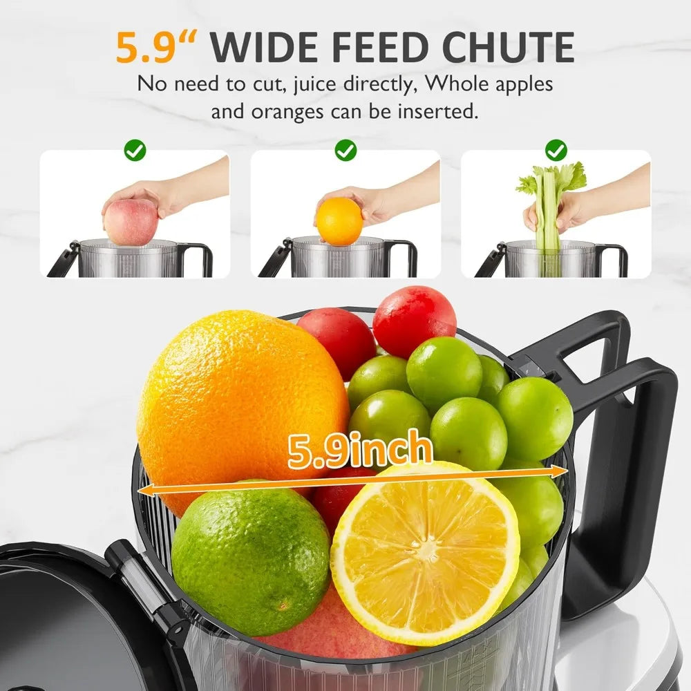 Cold Press Juicer with 5.9 Wide Feed Chute, 250W Slow Masticating Juicer Machines Fit Whole Vegetables & Fruits, Easy to