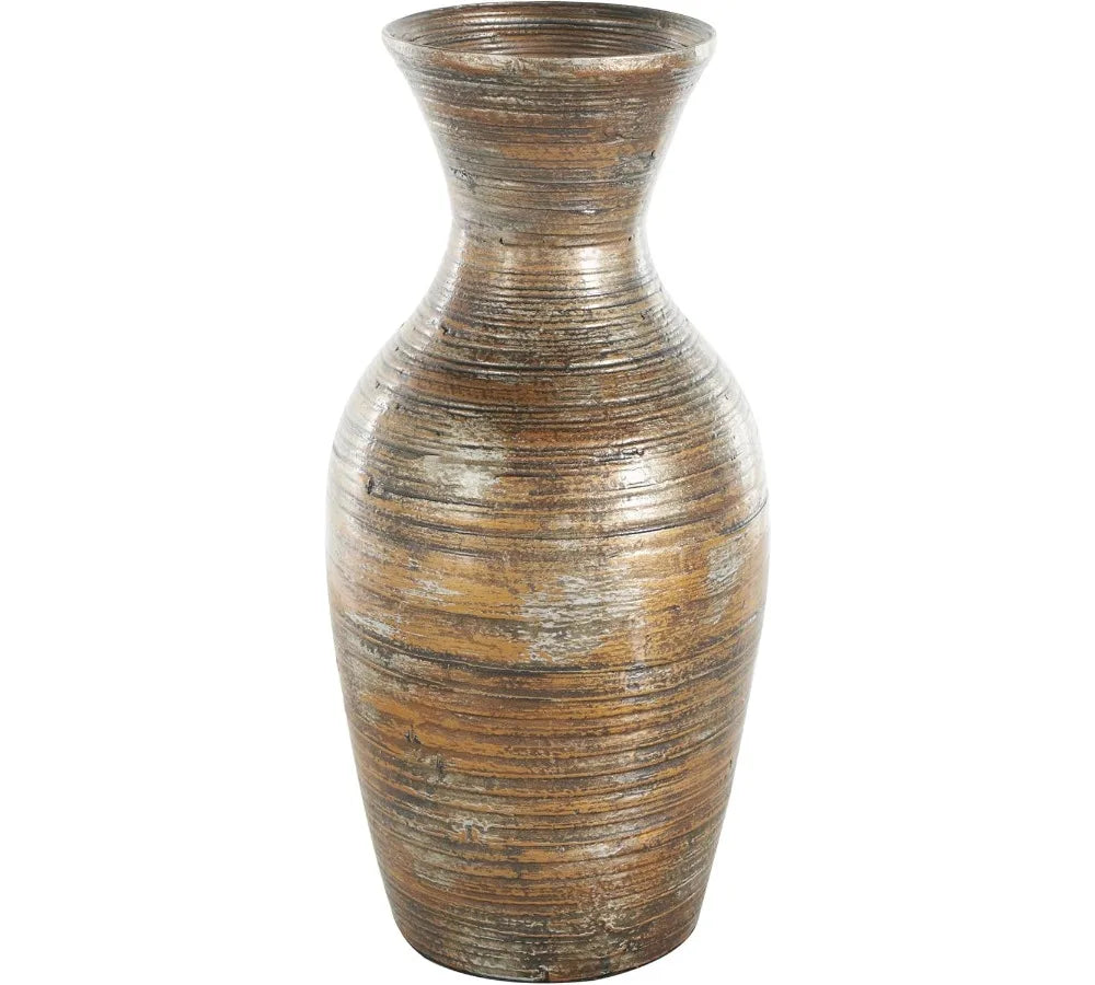 Antique Brown Bamboo Wood Vase 8x8x18 Inch Large Centerpiece Home Decor Bohemian Style