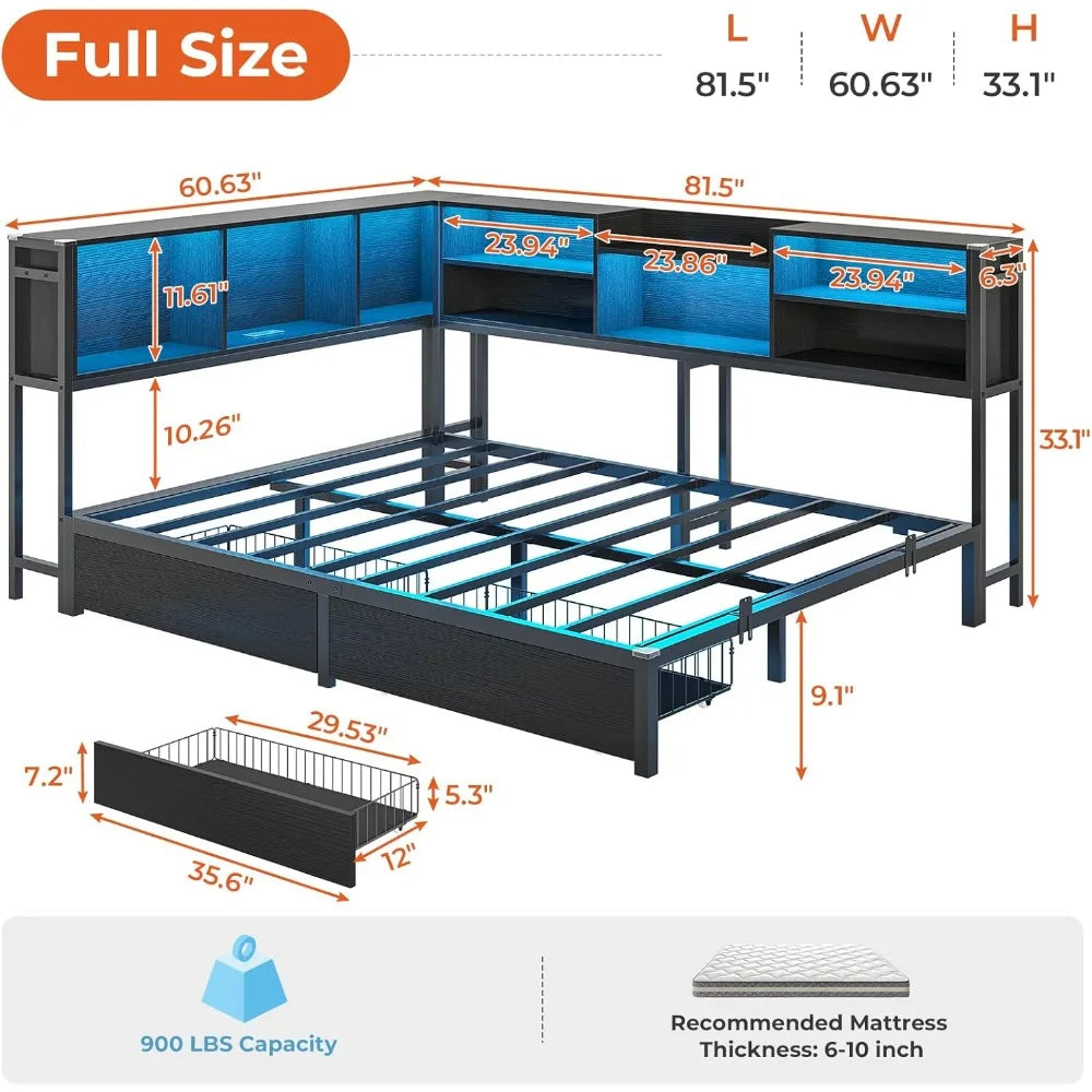 DICTAC Full Corner Bed Frame with Bookcase Storage and Led Lights Metal Platform Bed Frame with 2 Drawers and Charging Station F
