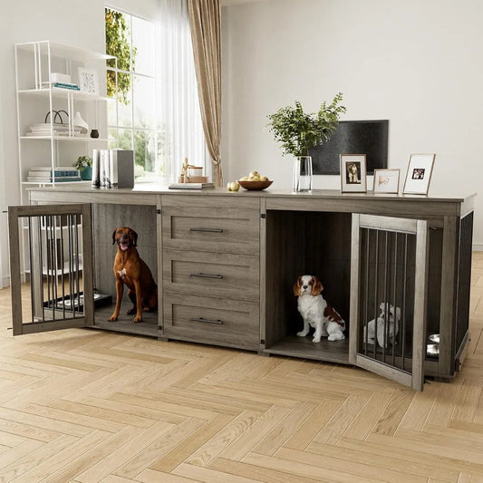 94.5" large dog crate furniture for 2 dogs, double wooden dog kennel furniture with 4 dog bowls & 3 drawers, heavy duty indoor