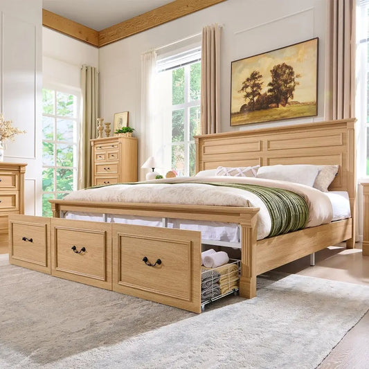 Natural King-Size Farmhouse Bed Frame with 51 High Headboard, Roman Column Footboard, and 3 Storage Drawers - No Box Spring Need