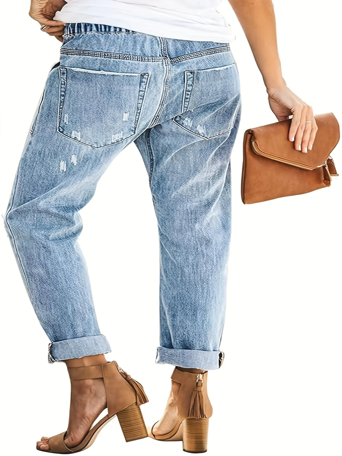 Women's fashionable wash light blue large pocket drawstring rubber waist-tightening hole straight-tube casual jeans