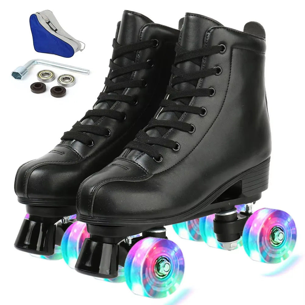 Hot Women Double Row Roller Skates Pu Leather Roller Skate Shoes 4 Wheels Quad Sneakers Outdoor Skating Sport Shoes Breathable