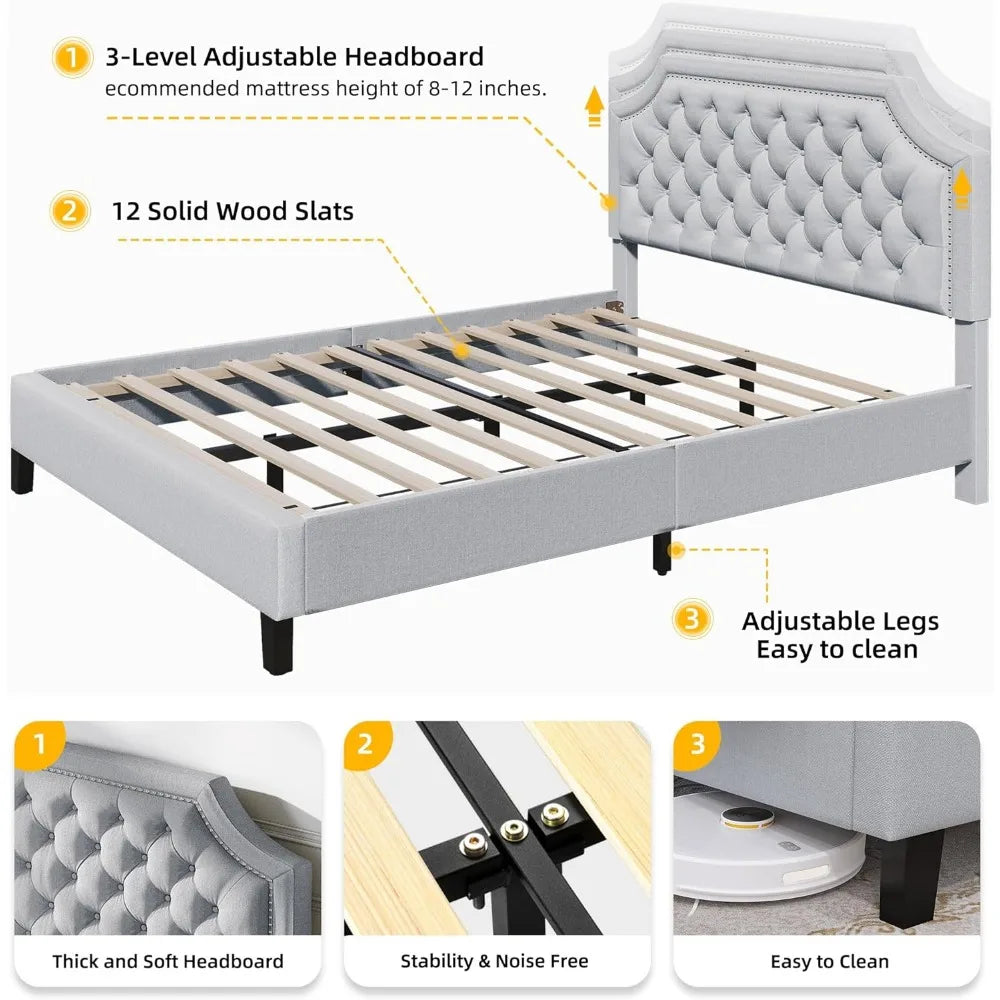 Grey Linen Upholstered Full Size Bed Frame with Adjustable Headboard and 12 Underbed Storage